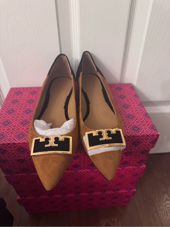 Tory Burch Shoes - Tory Burch Camel Suede Pointed Toe Flats with Gold Black Logo